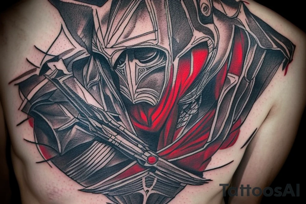 Assassin's creed assassin on the roof looking down at the city use only black and red as colors to be tattooed on my arm tattoo idea