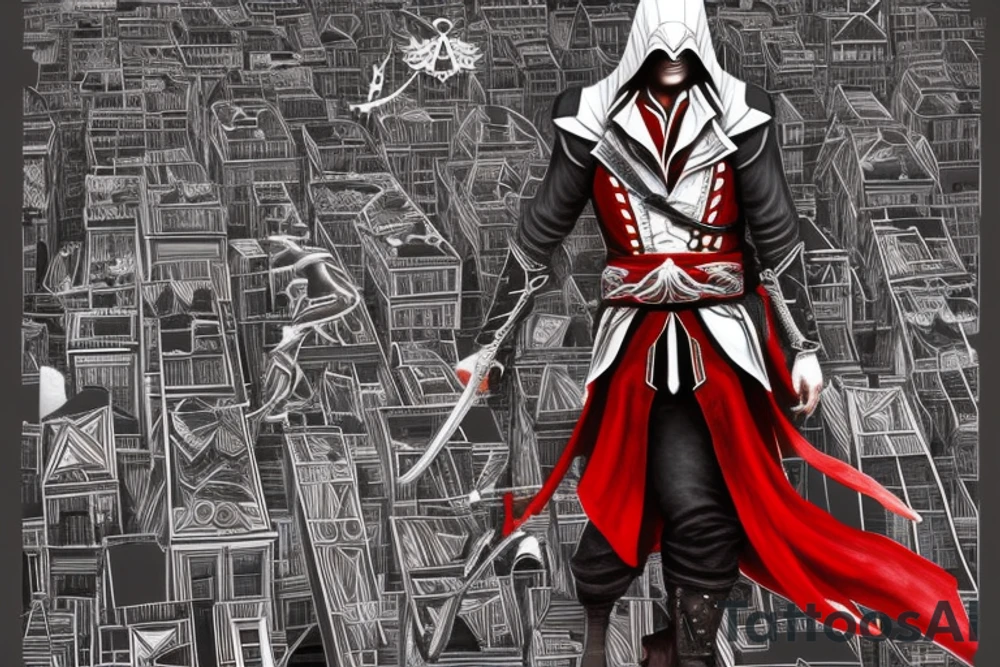 Assassin's creed assassin on the roof looking down at the city use only black and red as colors to be tattooed on my arm tattoo idea