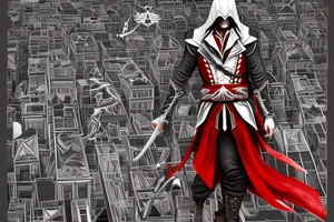 Assassin's creed assassin on the roof looking down at the city use only black and red as colors to be tattooed on my arm tattoo idea