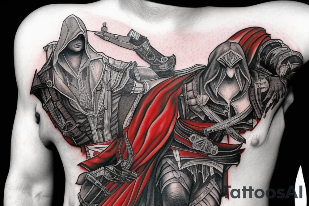 Assassin's creed assassin on the roof looking down at the city use only black and red as colors to be tattooed on my arm tattoo idea