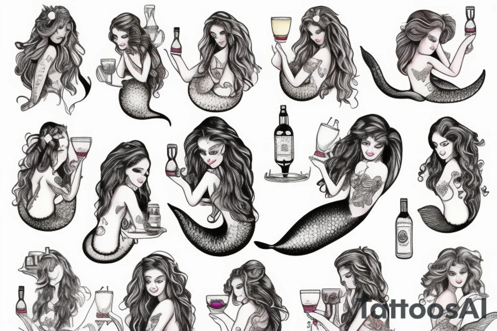 Mermaids drinking whiskey use pastel colors tattoo idea