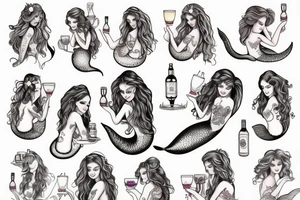 Mermaids drinking whiskey use pastel colors tattoo idea