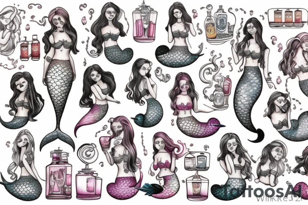 Mermaids drinking whiskey use pastel colors tattoo idea