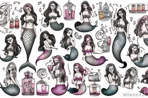 Mermaids drinking whiskey use pastel colors tattoo idea