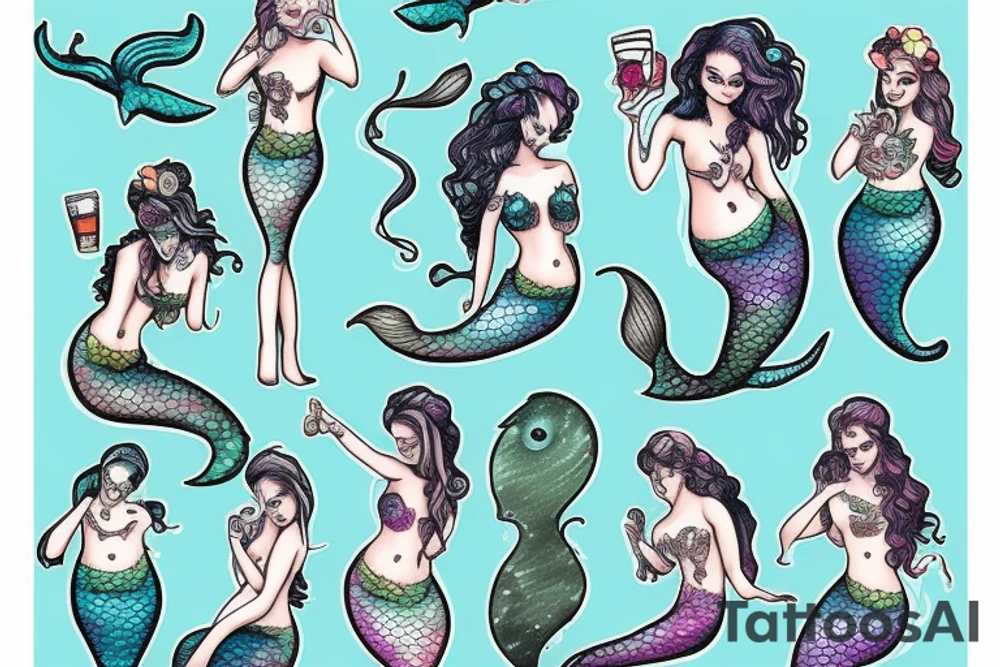 Mermaids drinking whiskey use pastel colors tattoo idea