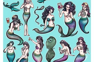 Mermaids drinking whiskey use pastel colors tattoo idea