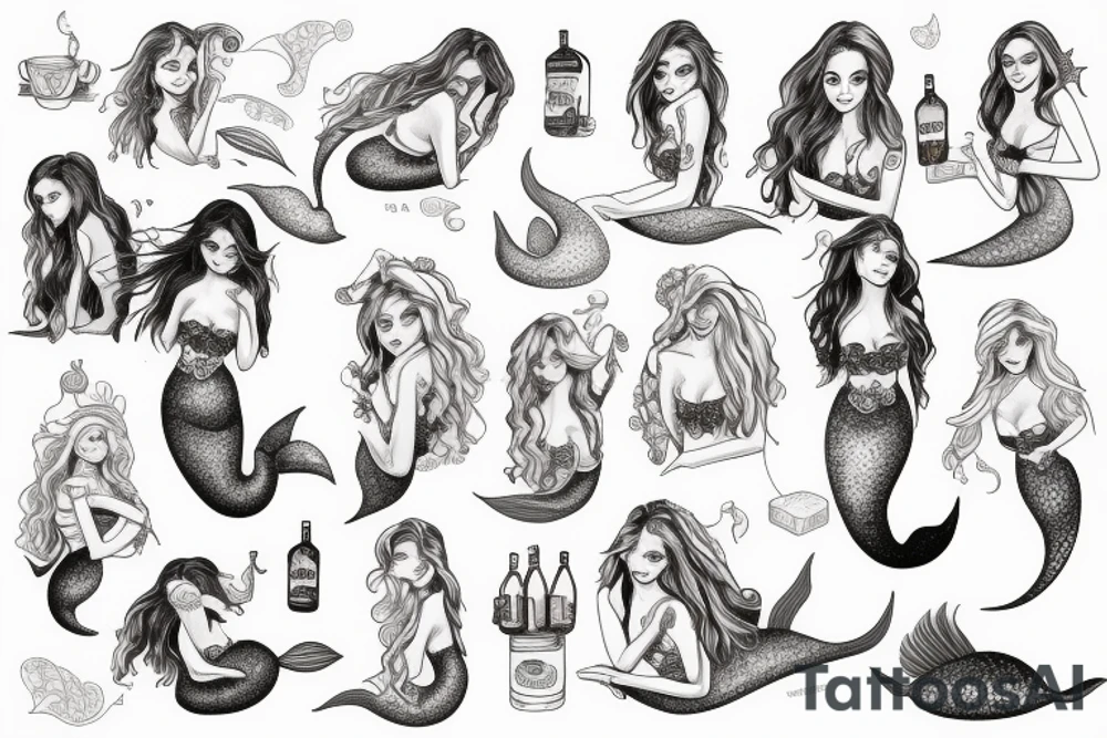 Mermaids drinking whiskey use pastel colors tattoo idea