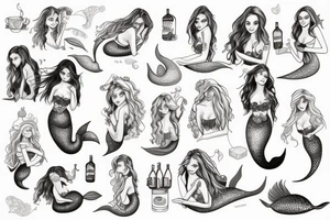 Mermaids drinking whiskey use pastel colors tattoo idea