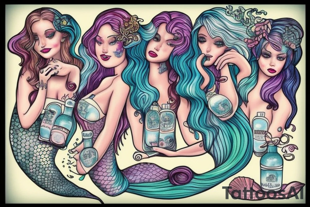 Mermaids drinking whiskey use pastel colors tattoo idea