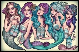 Mermaids drinking whiskey use pastel colors tattoo idea