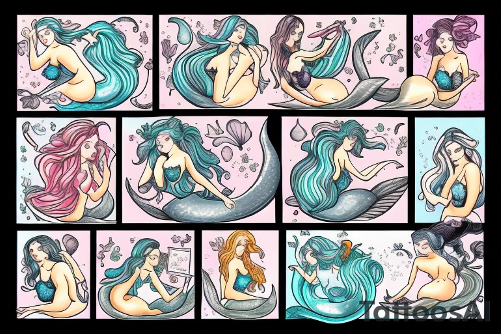 Mermaids drinking whiskey use pastel colors tattoo idea