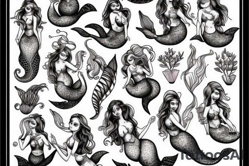 Mermaids drinking whiskey use pastel colors tattoo idea