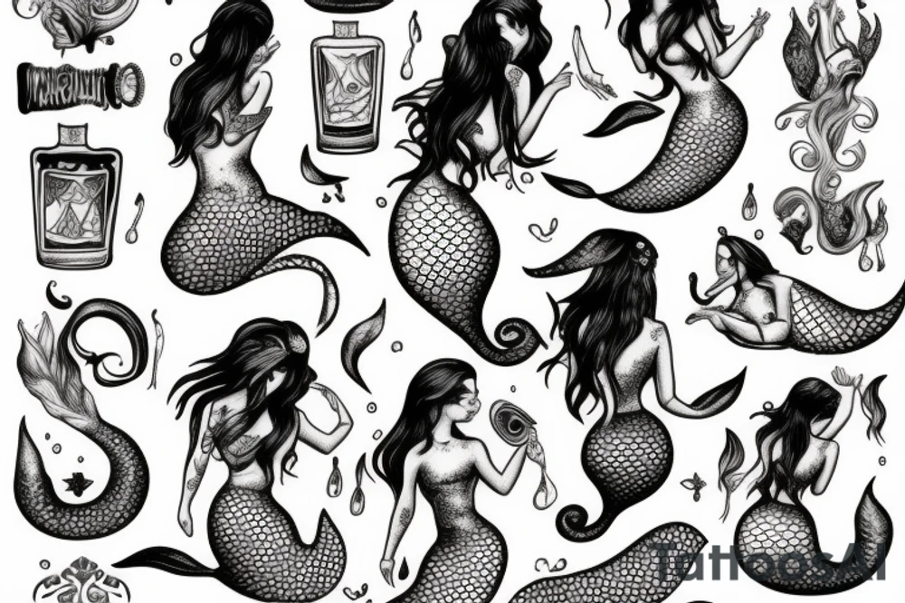 Mermaids drinking whiskey use pastel colors tattoo idea