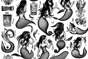 Mermaids drinking whiskey use pastel colors tattoo idea