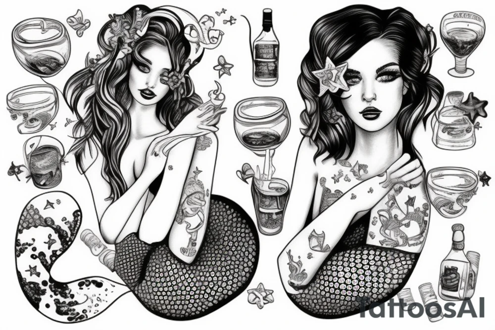Mermaids drinking whiskey use pastel colors tattoo idea