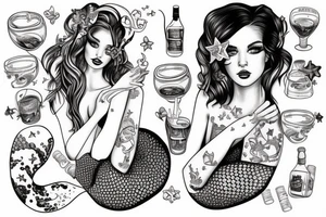 Mermaids drinking whiskey use pastel colors tattoo idea