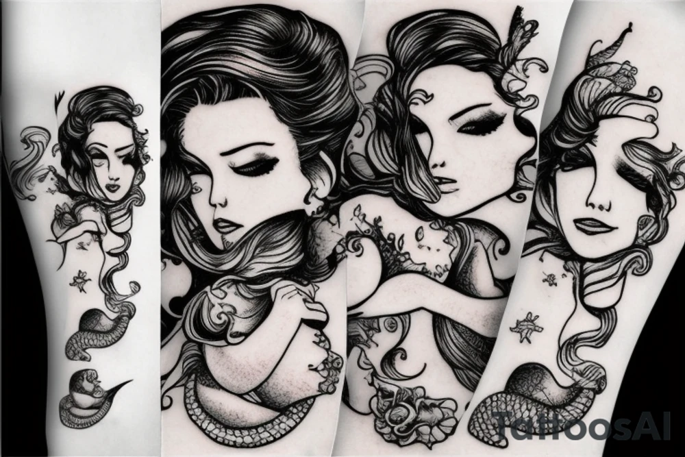 Mermaids drinking whiskey use pastel colors tattoo idea