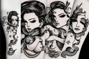 Mermaids drinking whiskey use pastel colors tattoo idea