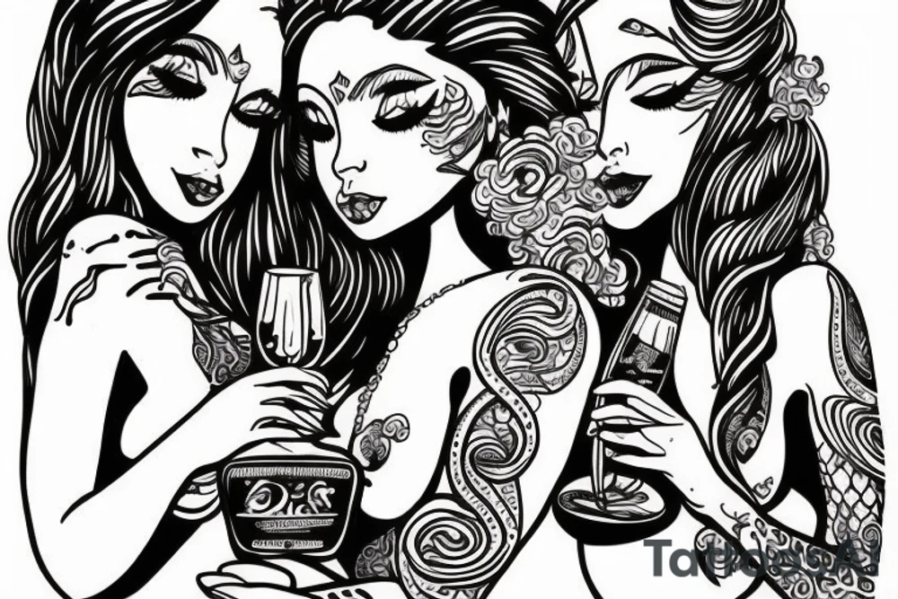Mermaids drinking whiskey use pastel colors tattoo idea