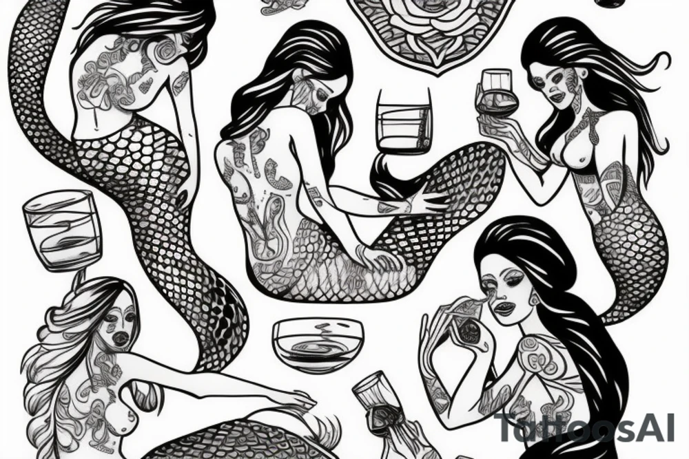 Mermaids drinking whiskey use pastel colors tattoo idea