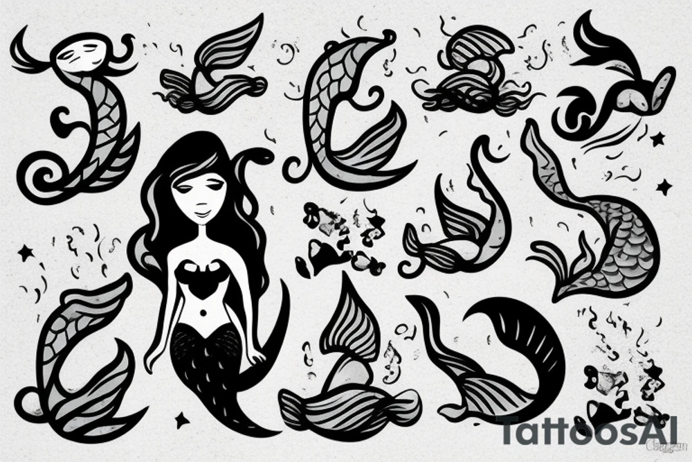 Mermaid on rock waving at passing by ships tattoo idea