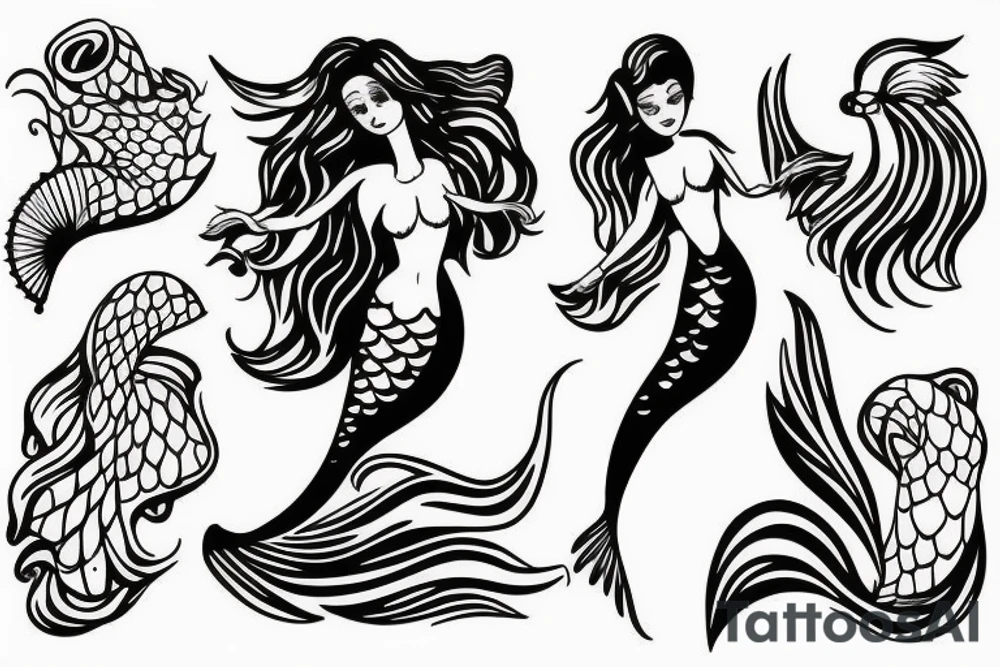 Mermaid on rock waving at passing by ships tattoo idea