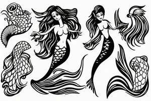 Mermaid on rock waving at passing by ships tattoo idea