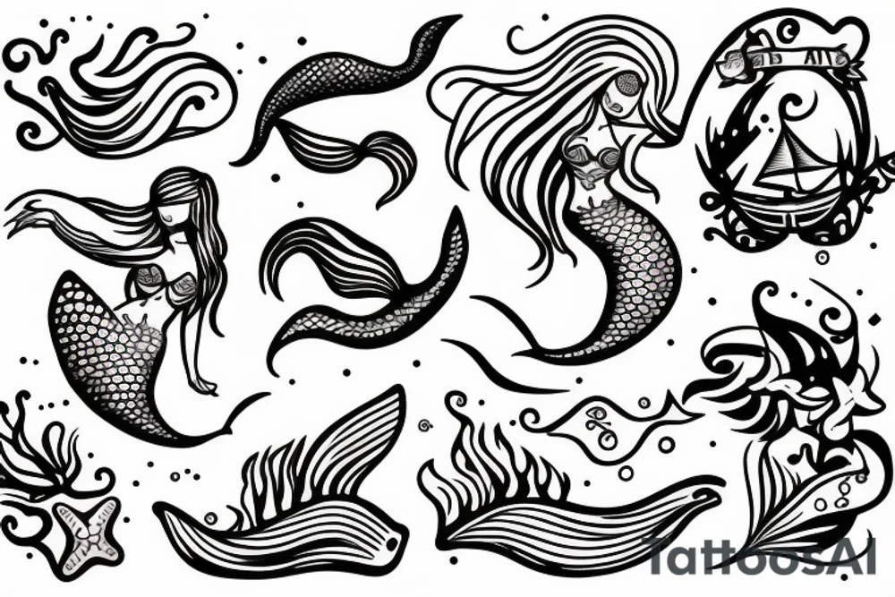 Mermaid on rock waving at passing by ships tattoo idea