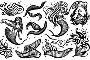 Mermaid on rock waving at passing by ships tattoo idea