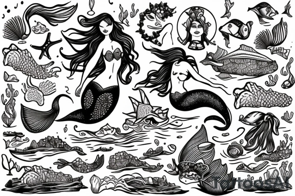 Mermaid on rock waving at passing by ships tattoo idea