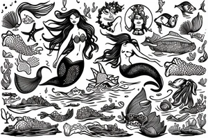 Mermaid on rock waving at passing by ships tattoo idea