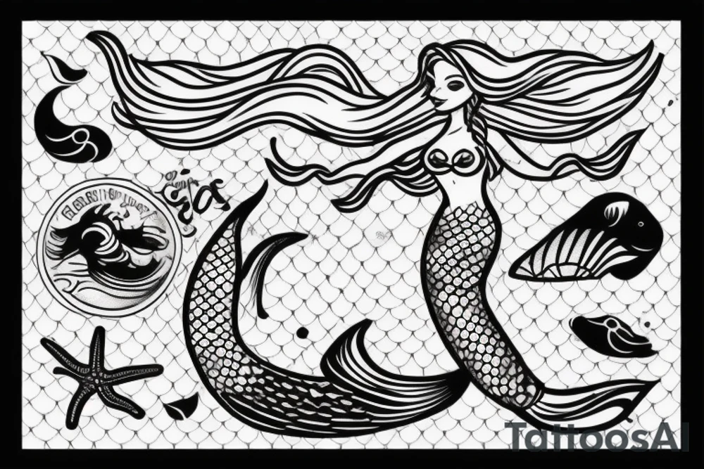 Mermaid on rock waving at passing by ships tattoo idea