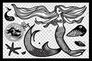 Mermaid on rock waving at passing by ships tattoo idea
