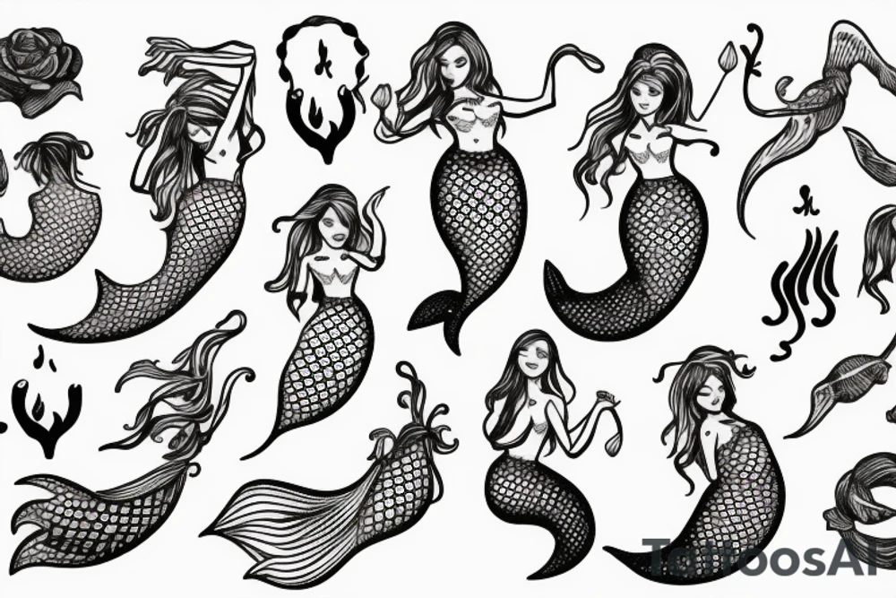 Mermaid on rock waving at passing by ships tattoo idea