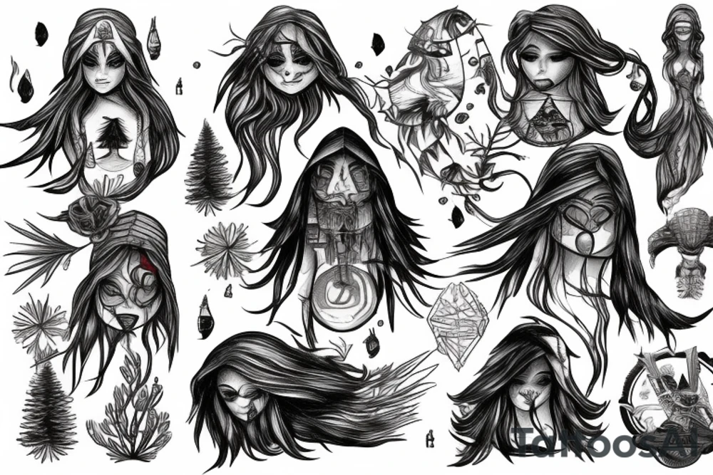 Pine tree little pines assassin's creed whiskey mermaid tattoo idea