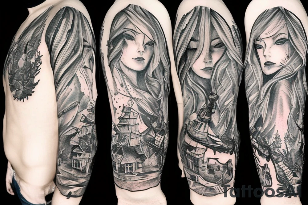 Pine tree little pines assassin's creed whiskey mermaid tattoo idea