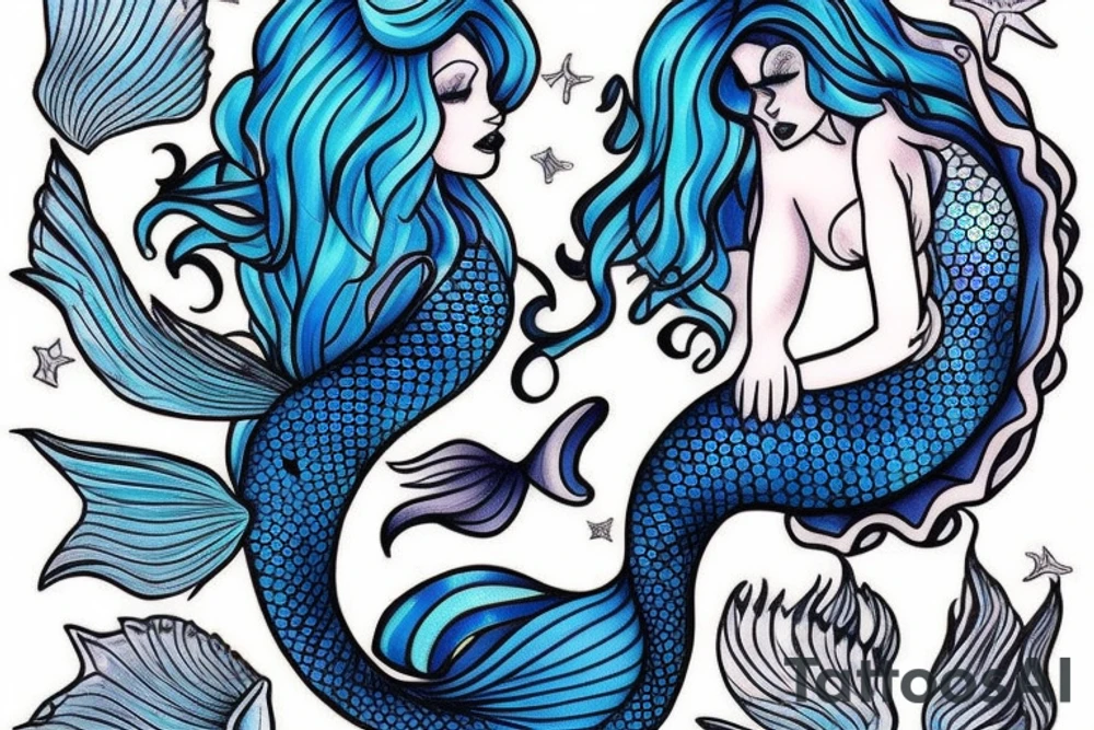 Mermaid in deep blue with Pastel colours tattoo idea