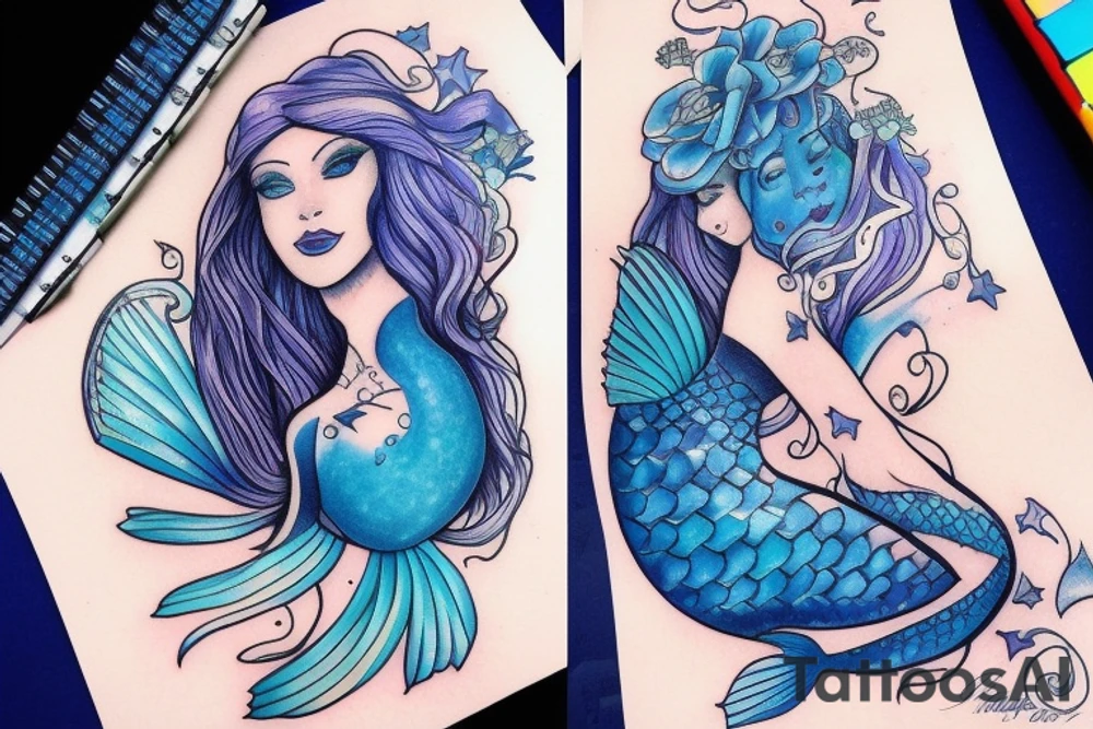 Mermaid in deep blue with Pastel colours tattoo idea