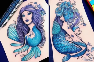 Mermaid in deep blue with Pastel colours tattoo idea