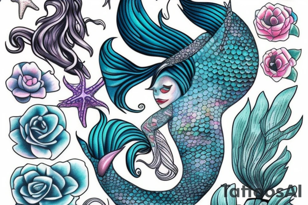 Mermaid in deep sea with Pastel colours tattoo idea