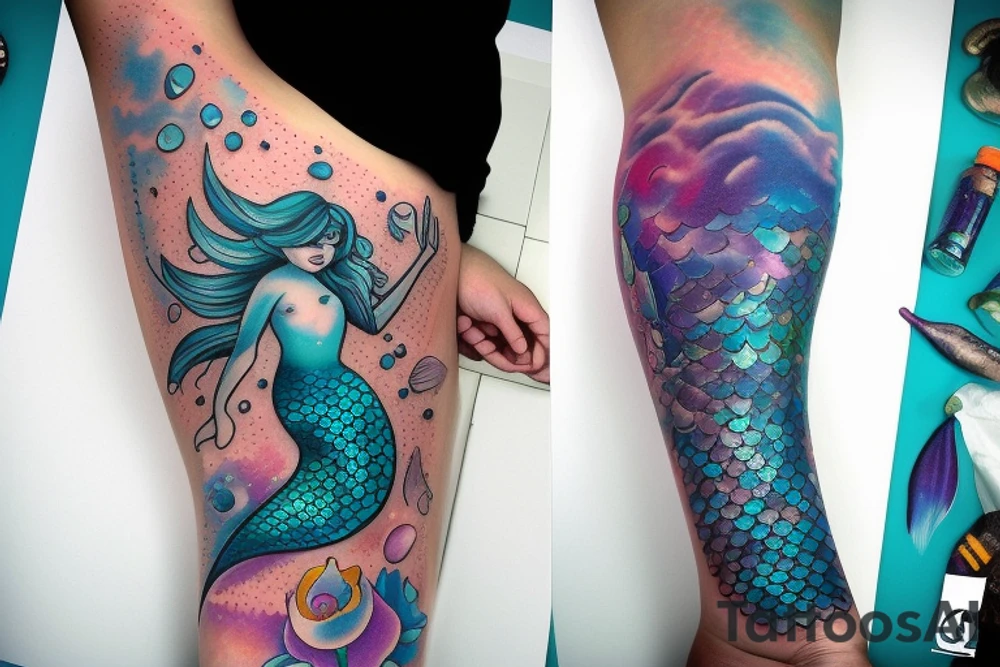 Mermaid in deep sea with Pastel colours tattoo idea