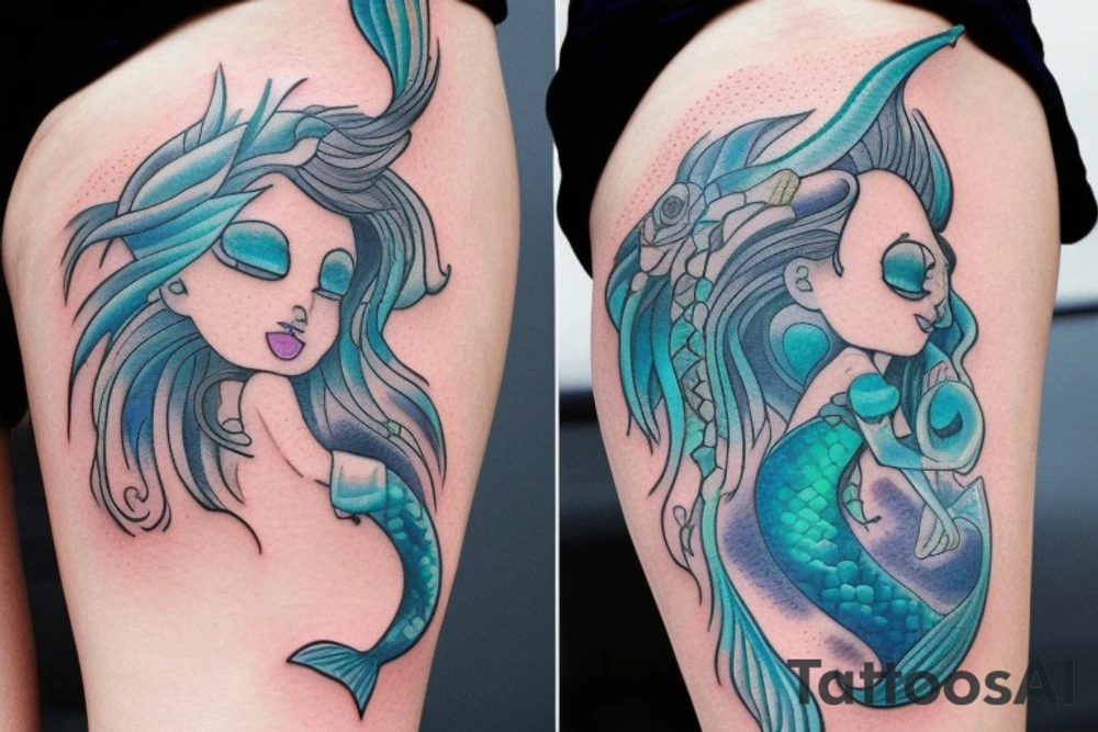 Mermaid in deep sea with soft Pastel colours tattoo idea