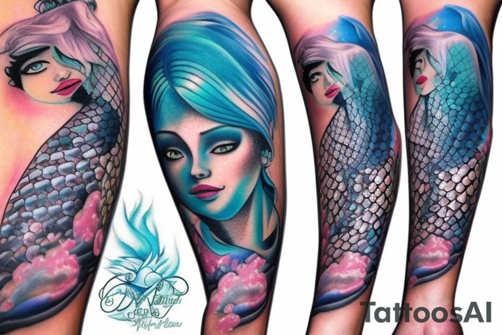 Mermaid in deep sea with soft Pastel colours tattoo idea