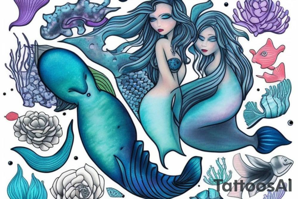 Mermaid in deep sea with soft Pastel colours tattoo idea