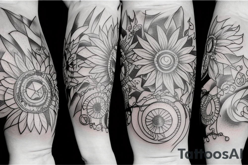 One Sunflower surround by stars and planets tattoo idea
