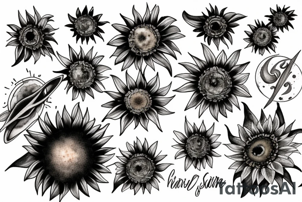 Sunflower stars and planets tattoo idea