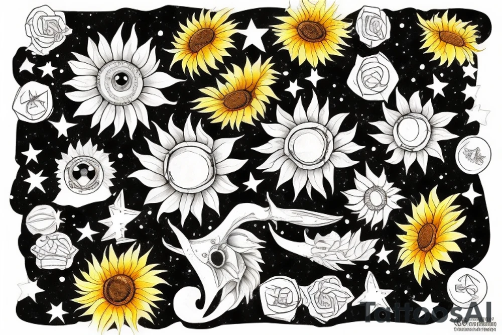 One sunflower wich is surrounded by stars tattoo idea