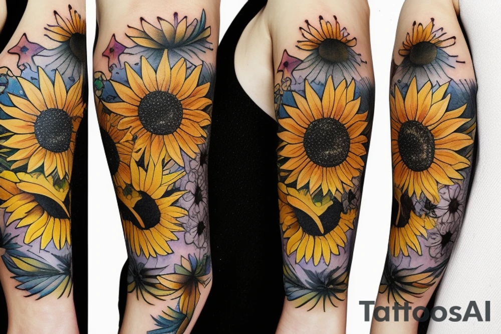 One sunflower wich is surrounded by stars tattoo idea
