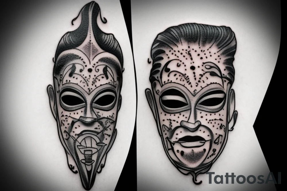 surreal comedy and tragedy mask tattoo idea