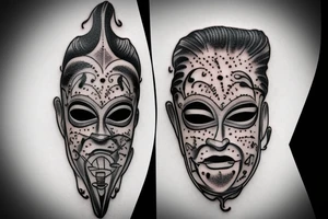 surreal comedy and tragedy mask tattoo idea